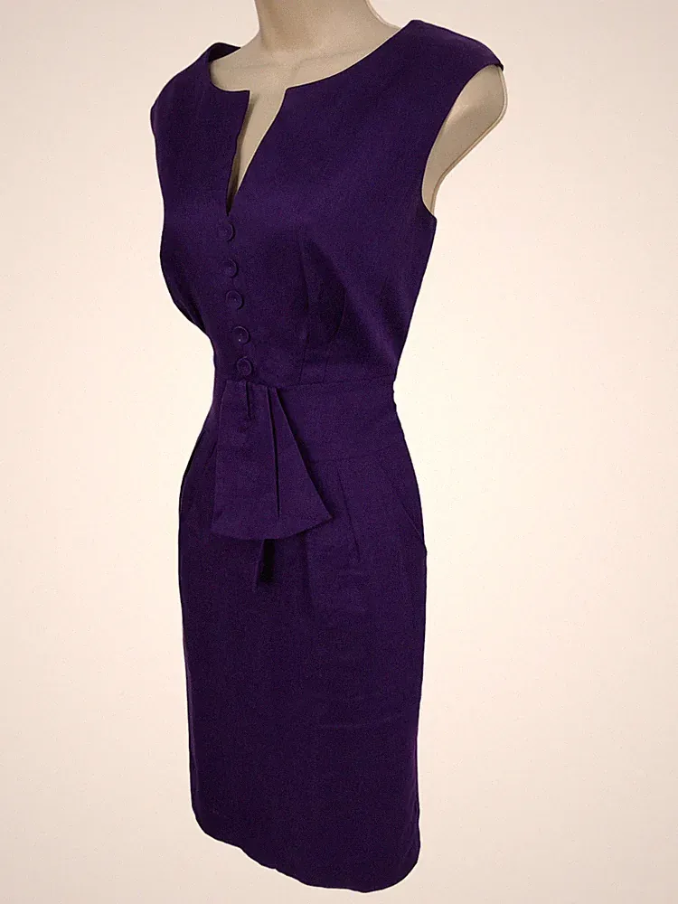 Hobbs UK 10 LILA 100 % LEINEN ÄRMELLOS KERBE V-AUSSCHNITT ELEGANT FORMELL ETUIKLEID