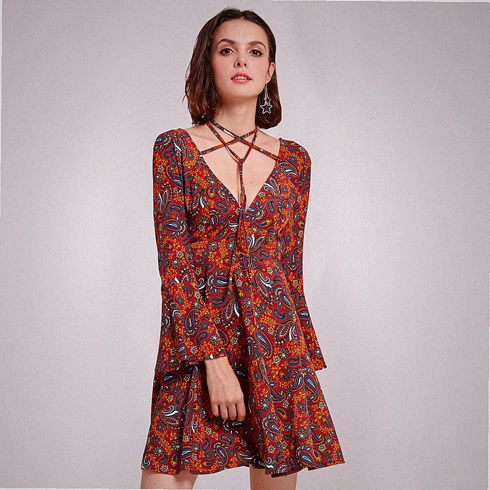 Hochwertige langarm Kleid Paisley mittelalte Tunikakleid Hippie Böhmischer Party