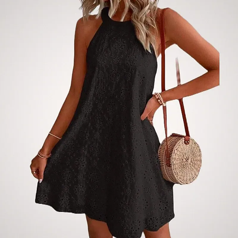 Hollow Out Neckholder Kleid - Stufen Torten Design mit fließender Swing Silho...