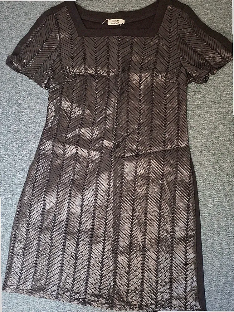 Holly & Bracken Damen Etui-Kleid Schwarz Chevron Kurzarm Eckiger Ausschnitt L