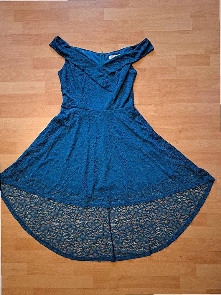 HOMRAIN Damen Midi-Kleid türkies-blau XL A-Linie Spitze ärmellos Zip