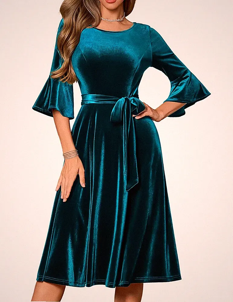 HomRain Damen Samt Kleid Türkis A-Linie Glockenärmel Party Hochzeit Gast L