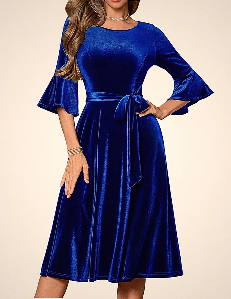 HomRain royalblau Samt Midikleid Glockenärmel Party Abschlussball Hochzeit Gast Gr. S