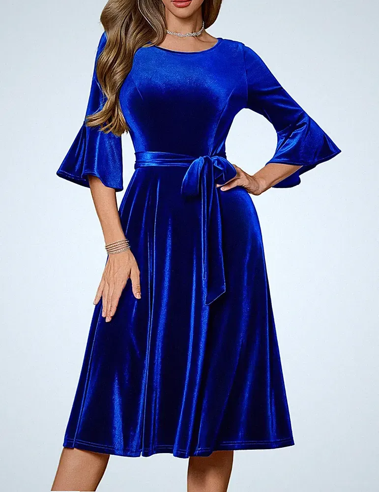HomRain royalblaues Samt Midikleid Hochzeit Gast Party Weihnachten A-Linie Gr. S