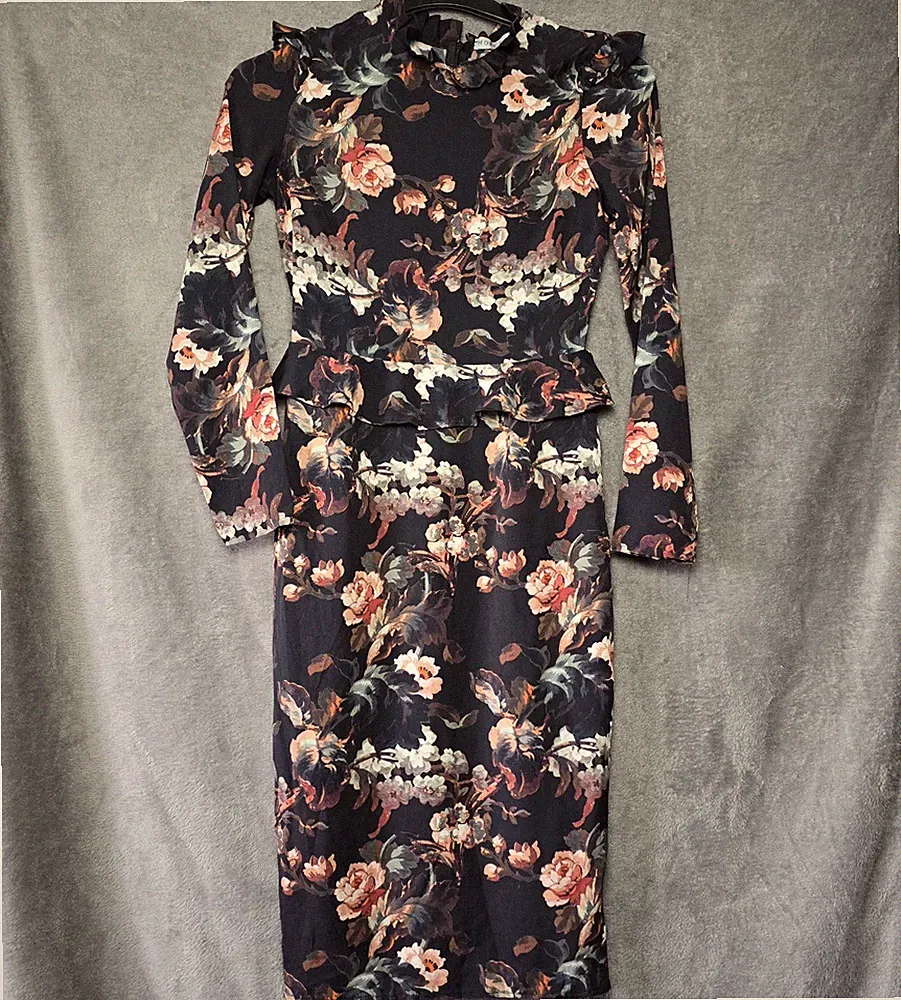 Hope & Ivy Damenkleid Größe 8 Schwarz Blumenmuster Midi Anlass Party Hochzeit Gast
