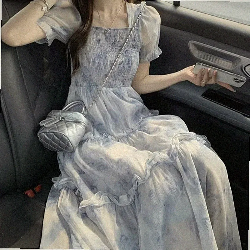 HOT-Damen Chiffon Blumen Kleid Puffärmel Rüsche Fairy Mesh Tüll Midikleid NEU