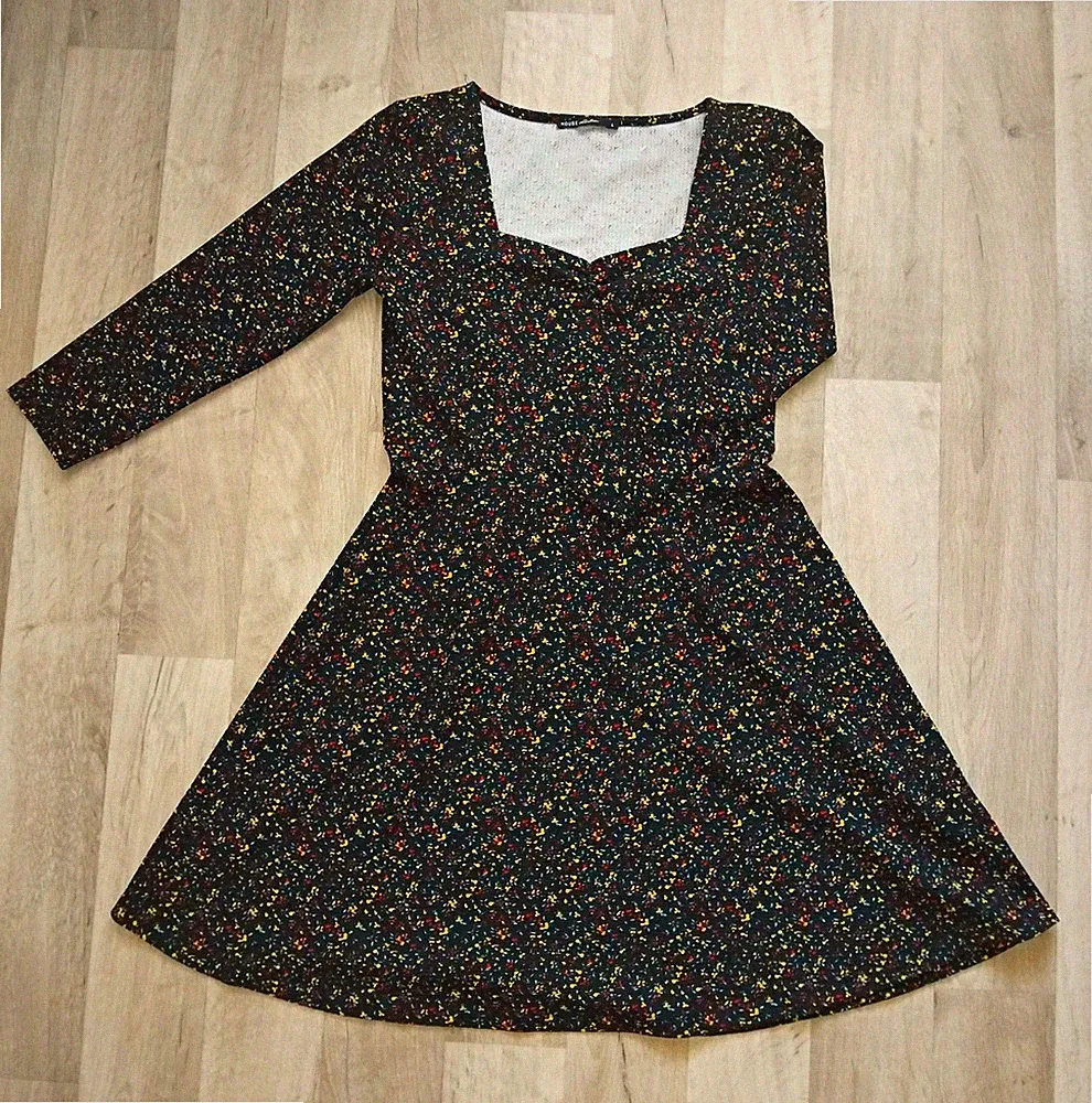 HOUSE Damen A-Linien-Kleid Midi Jersey Langarm schwarz floral Gr. L Pullover