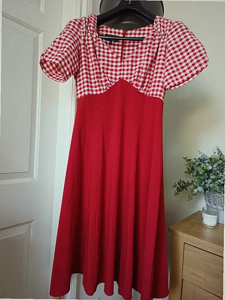 House Of Foxy Red Gingham Tee Dress Rockabilly UK 10 Wedding Guest Ladies Day