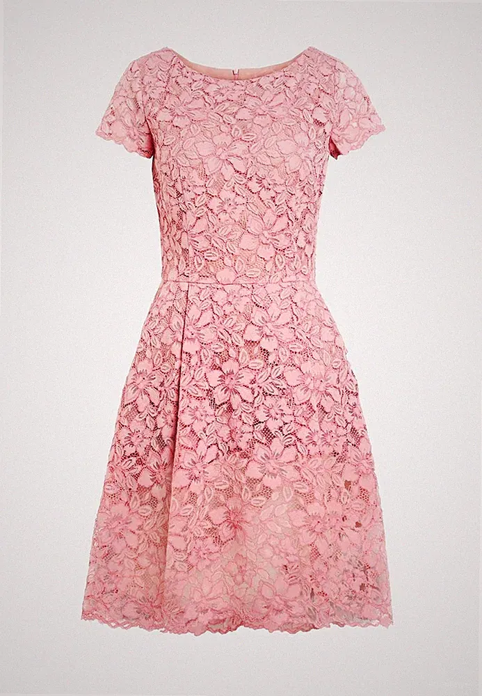 Hugo Boss A-Linien Kleid 36 altrosa Spitze Blumen Kurzarm Rundhals knielang
