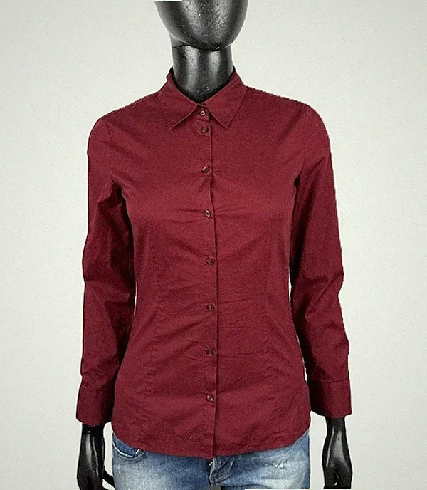 HUGO Boss Damen Bluse 32 XS Bordeaux Baumwolle Stretch Slim Fit Elegant