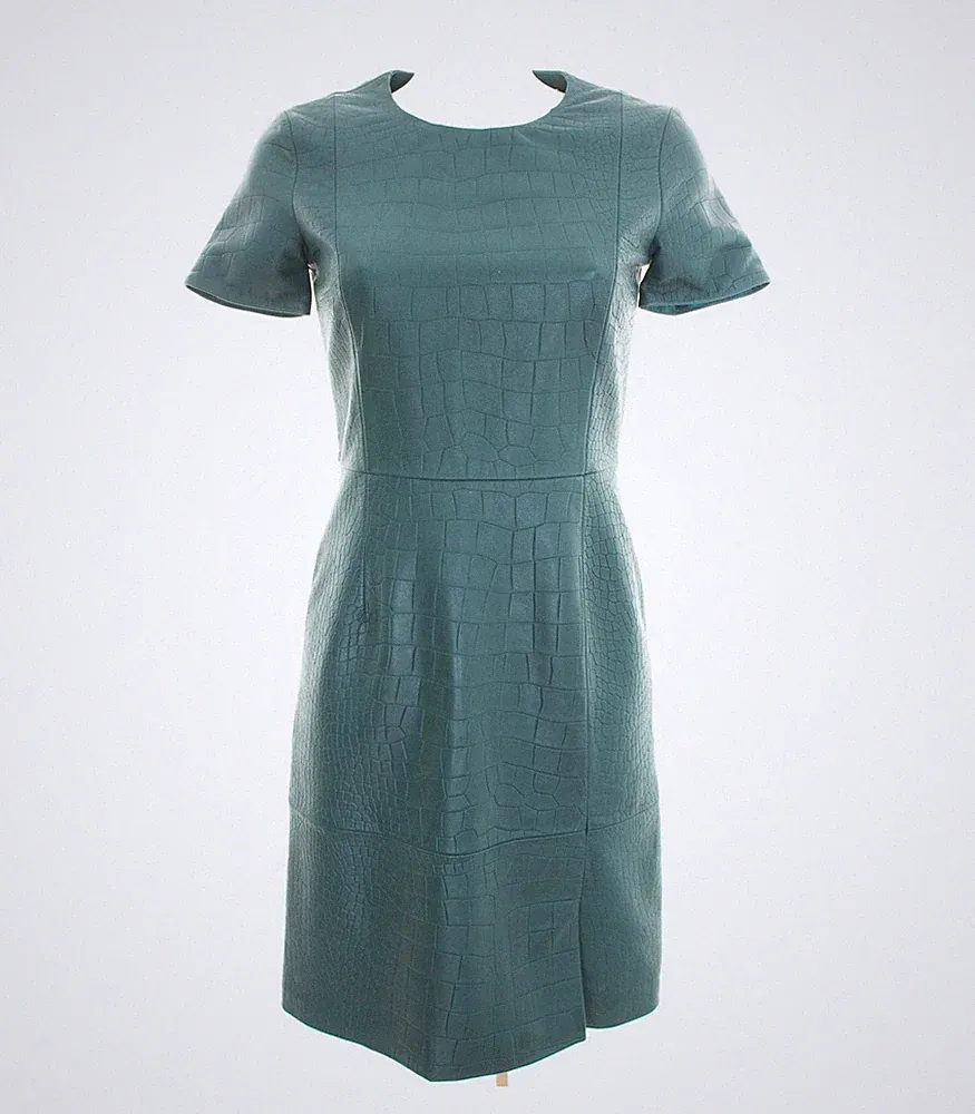HUGO BOSS Damen Lederkleid Etuikleid Blaugrün Gr. DE 36 Leder NEU