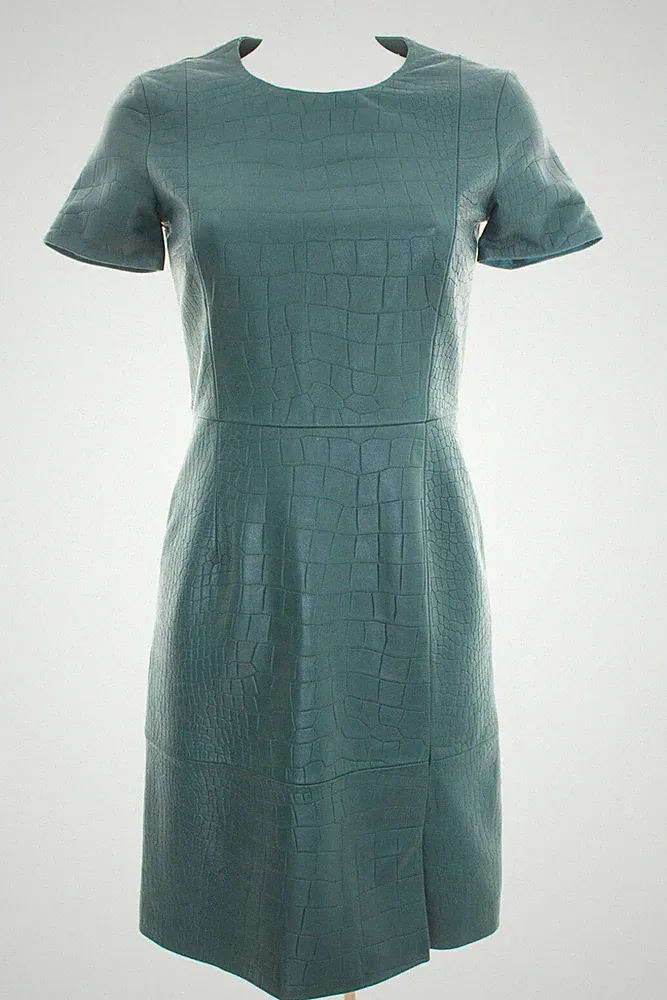HUGO BOSS Lederkleid Gr. DE 36 Damen Etuikleid Leather Dress Blaugrün Leder NEU