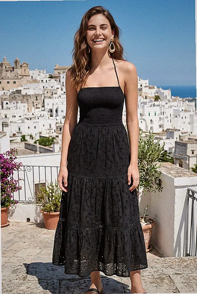 Iconique IC26-007 Langes Kleid Baumwolle Spitze schwarz ärmellos