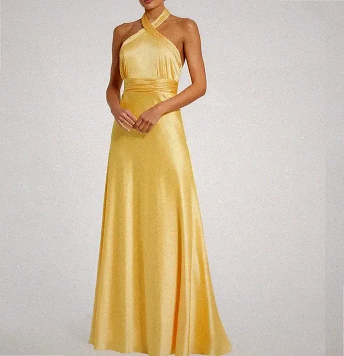 IEENA FOR MAC DUGGAL 8 Yellow Ruched Halter Neck Tie Back Satin Gown $460CA