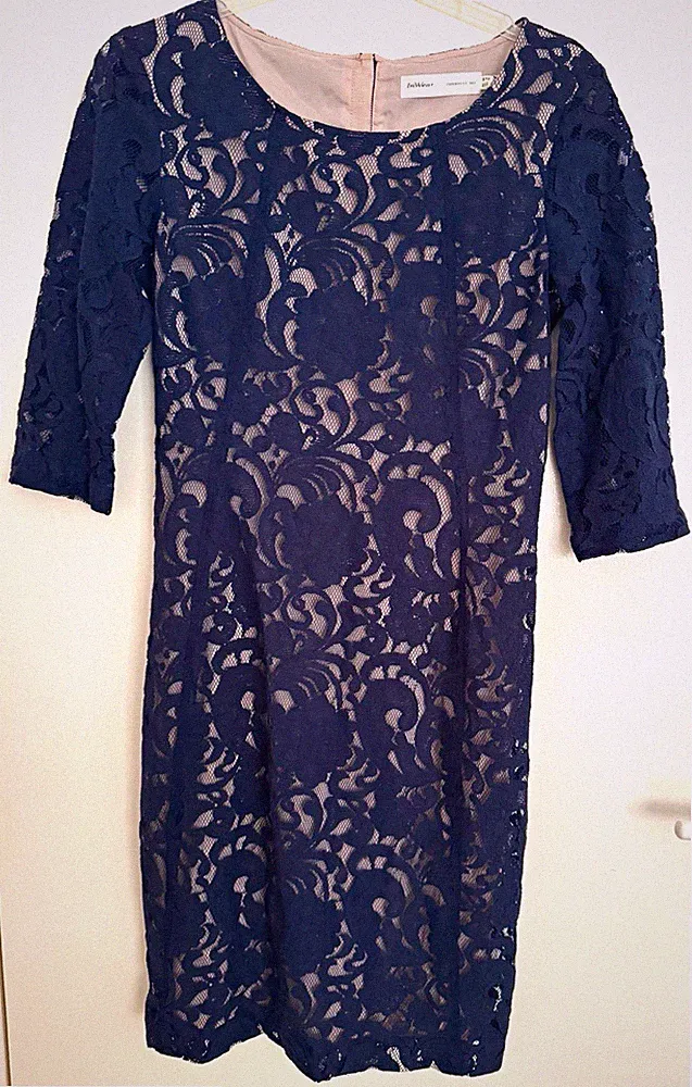 InWear Damen Etuikleid Spitze Blumen Blau Gr. 36 3/4-Arm knie Rundhals RV