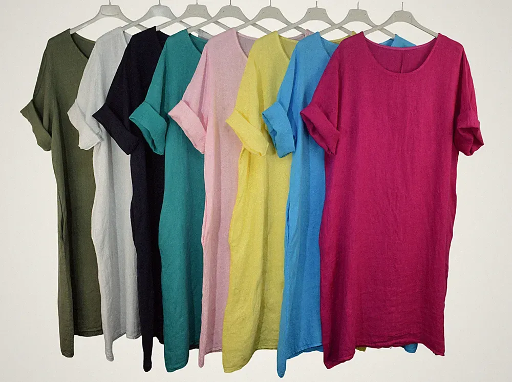 Italienisches Lagenlook Leinen Uni A-Linie Tunika Kleid leichtes Sommerkleid.