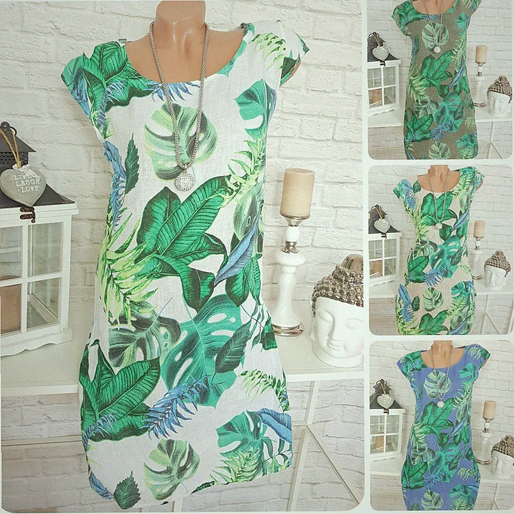 Italy Blumen Kleid Sommer Leinen geblümt Blätter A-Linie Midi 36 38 40 42 44