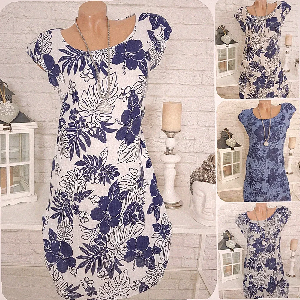 Italy Blumen Kleid Sommer Leinen geblümt Blumen A-Linie Midi 36 38 40 42 44