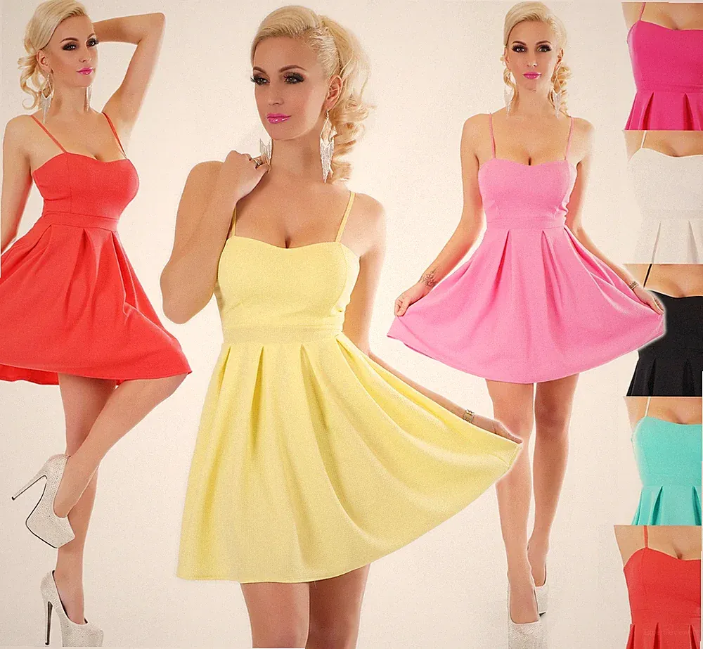ITALY Damen Mini Kleid Falten Ballon Party Cocktail Sommer A Linie 34 36 38