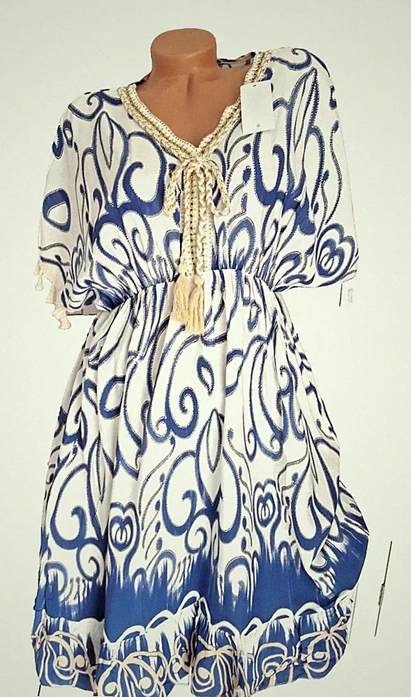 italy Damen Sommer Tunika Kleid NEU 40 42 BOHO Strand IBIZA creme Blau