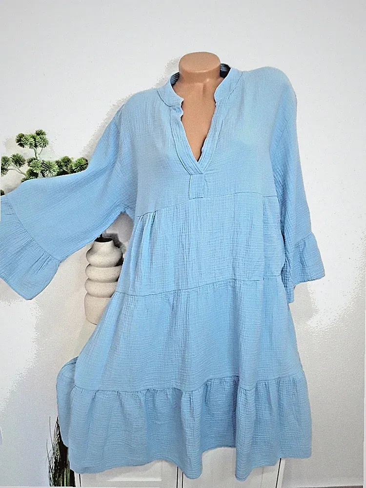 italy Damen Stufenkleid Kleid Curvy NEU 40 42/44 BOHO Frühjahr Musselin Hellblau