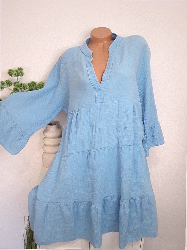 italy Damen Stufenkleid Kleid Curvy NEU 40 42 44 BOHO Frühjahr Musselin Hellblau