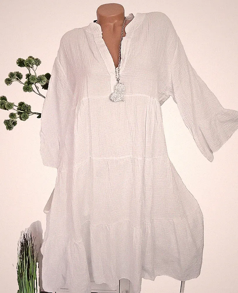 italy Damen Stufenkleid Kleid Curvy NEU 40 42 /44 BOHO Weiß Frühjahr Musselin