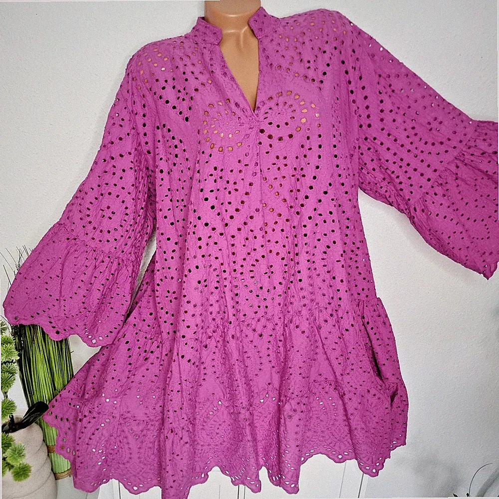 italy Damen Stufenkleid Kleid Hängerchen NEU 52 54 56 BOHO beere Curvy