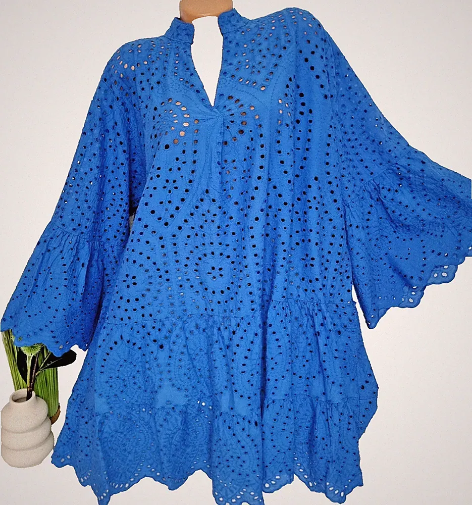 italy Damen Stufenkleid Kleid Hängerchen NEU 52 54 56 BOHO blau Curvy Frühjahr