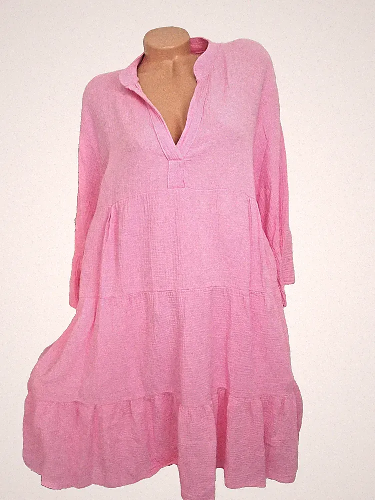 italy Damen Stufenkleid Kleid NEU 40 42 /44 Musselin Frühjahr Sommer Curvy Pink