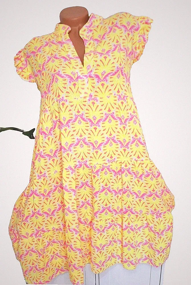 italy Damen Stufenkleid Kleid NEU 40 42 Musselin Curvy Pink gelb Neon Muscheln