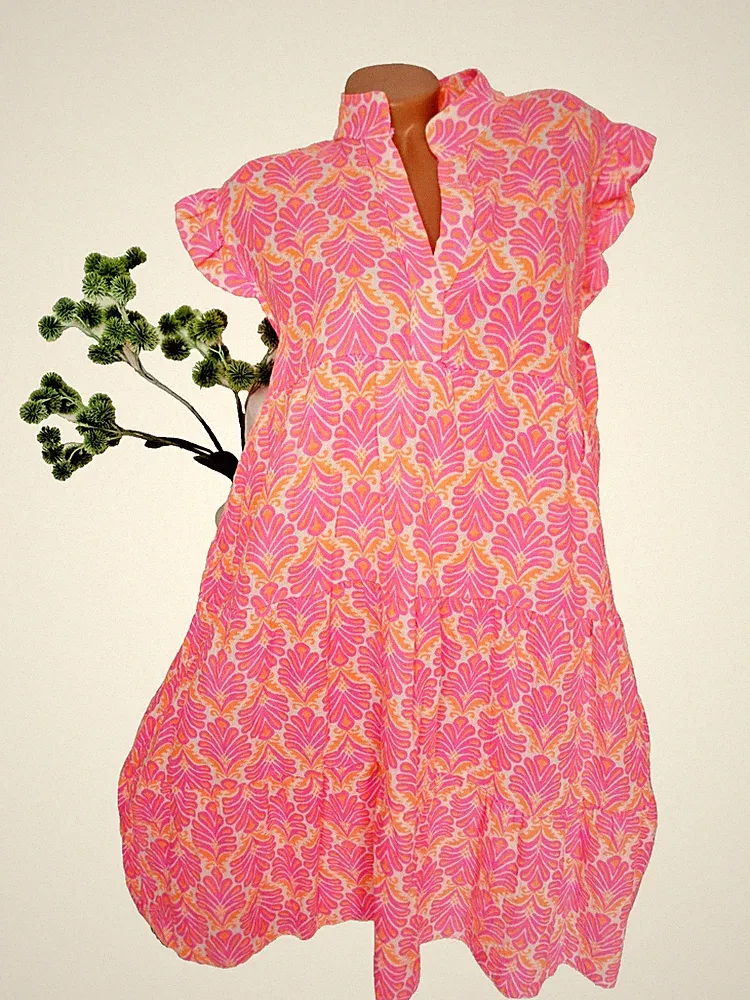 italy Damen Stufenkleid Kleid NEU 40/42 Musselin Sommer Curvy Pink Neon Muscheln