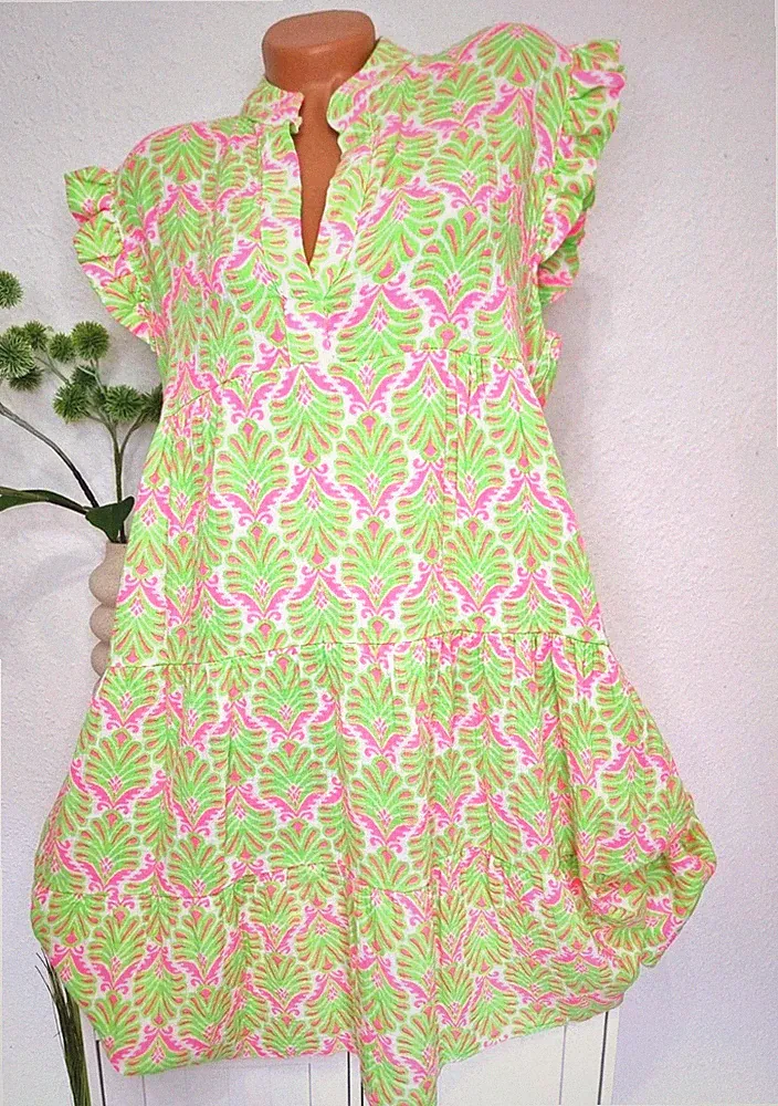 italy Damen Stufenkleid Kleid NEU40 42 44 Musselin Curvy Pink grün Neon Muscheln
