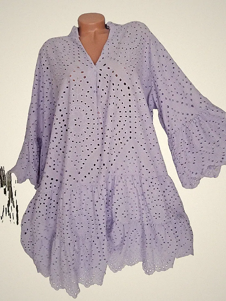 italy Damen Stufenkleid Sommer Kleid NEU 52 54 56 BOHO Curvy Lila Flieder