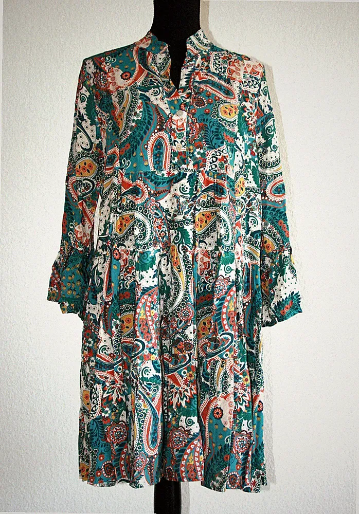 Italy Hippie Boho Kleid Tunika Hängerchen A-Linie Stufen petrol Paisley 38,40,42