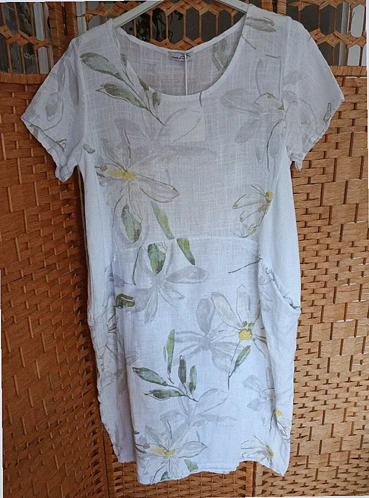 Italy leichtes Baumwoll-Sommerkleid*Weiß-geblümt*Gr.40,42,44*Strickeinsatz*