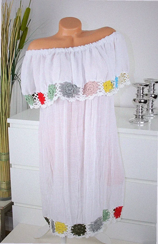 ITALY MODA Kleid CARMEN Ausschnitt HÄKEL FLOWER TOP Schulterfrei WEISS S M 36 38