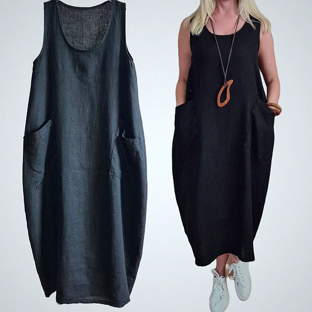 ITALY - Sommer Kleid - Freizetkleid / Etuikleid Lagenlook Gr.38 schwarz leinen