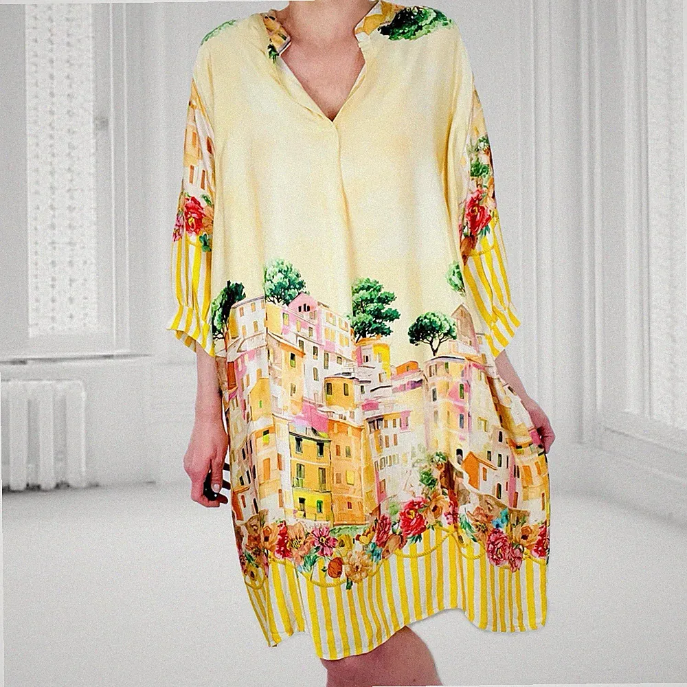 ITALY Sommerkleid Kleid Blusenkleid Hängerchen Midi-Kleid Viskose Bunt