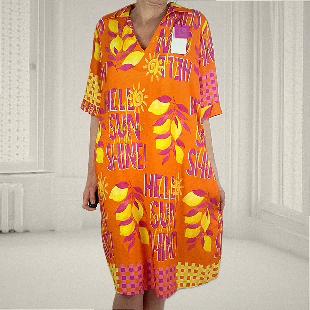 ITALY Sommerkleid Kleid Blusenkleid Hängerchen Statement-Look Viskose Orange
