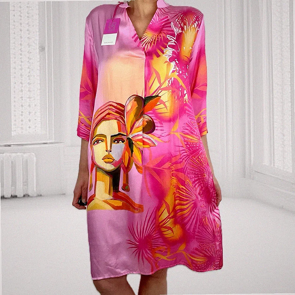 ITALY Sommerkleid Kleid Tunikakleid Blusenkleid Hängerchen Kopf Viskose Satin