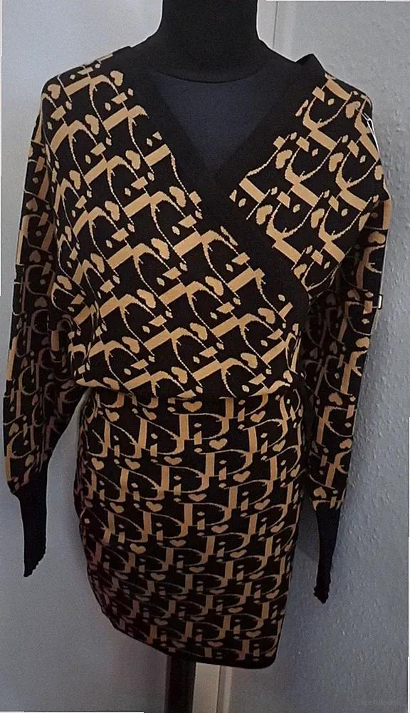 Italy Style D❤️ Kleid figurbetont schwarz beige Blogger Print 34,36,38,40, K19
