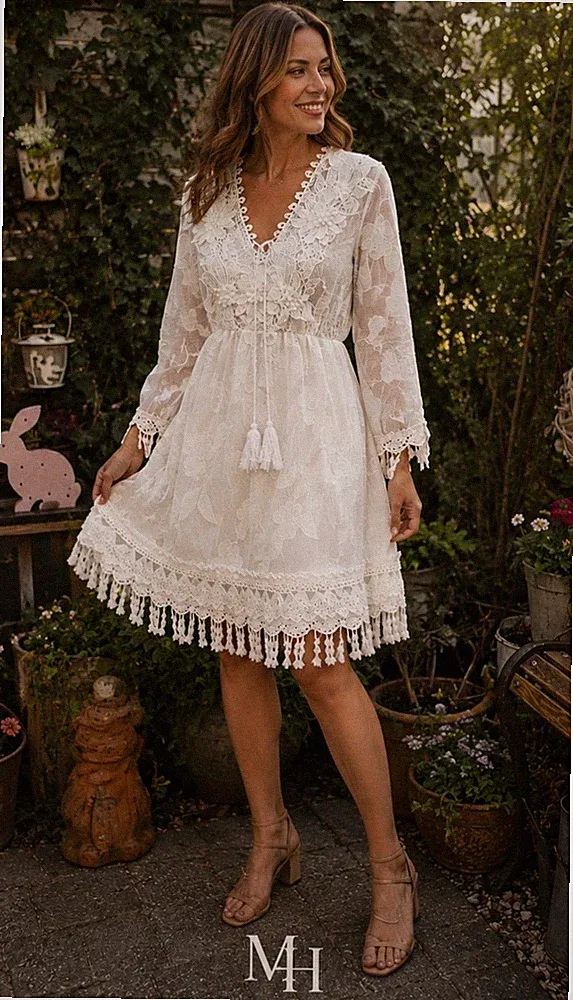 *Italy* Traumhaftes Boho Spitzenkleid Perlen Gr 38 M Ibiza- Urlaub Party Neuwert