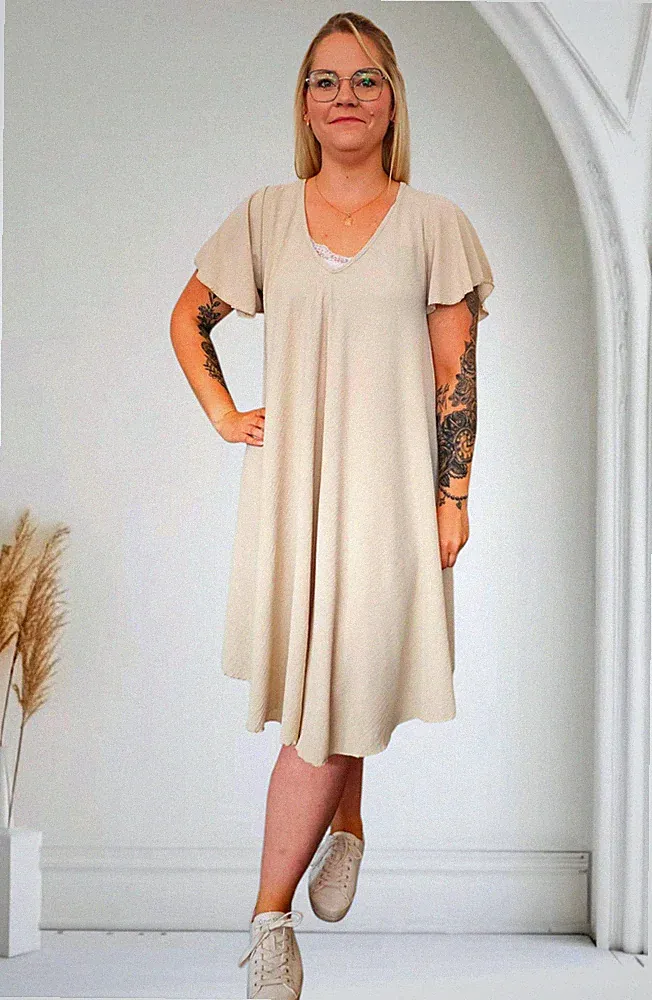 Italy Viskosekleid Sommerkleid Kleid Midi Flügelarm Kurzarm A-Linie in Beige