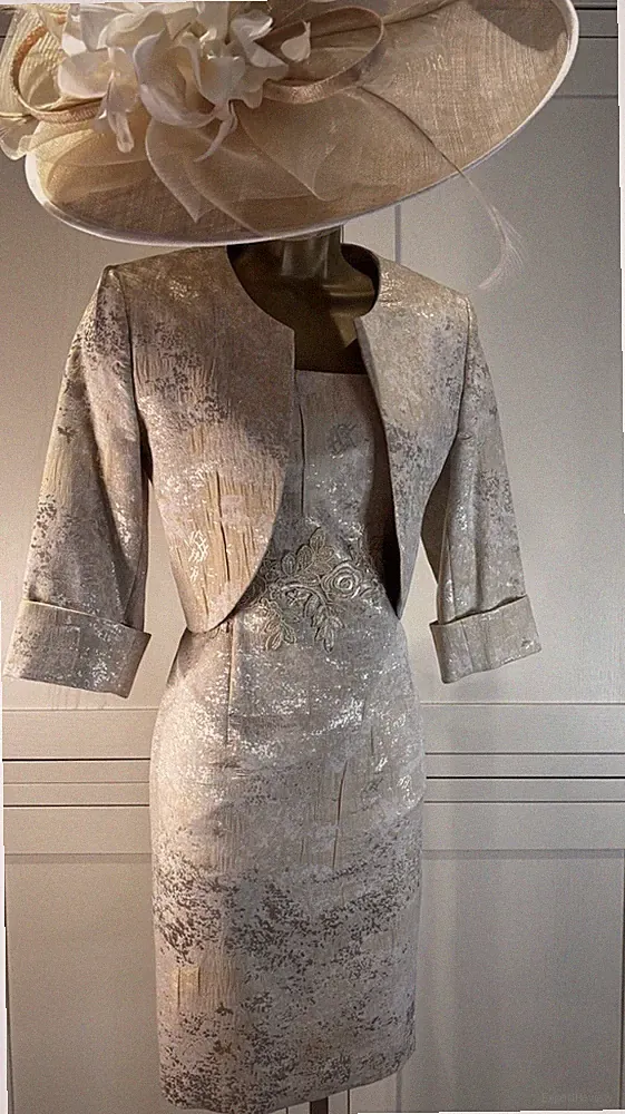 Izabella UK 10 Ecru Gold Kleid Bolero Brautmutter Bräutigam Gast Hochzeit Rennen