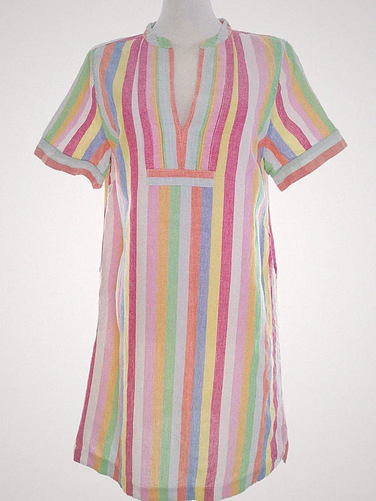 J.CREW Damen Kleid Gr. S Bunt Baumwolle Kurzer Ärmel Streifen Knielang Geteilter