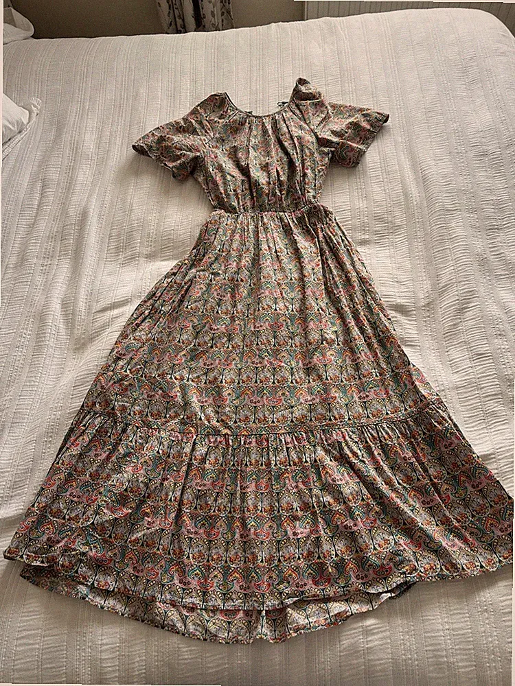 J Crew Liberty blau grün pink Paisley Schlitz hinten Midi Maxikleid UK 10 Taschen