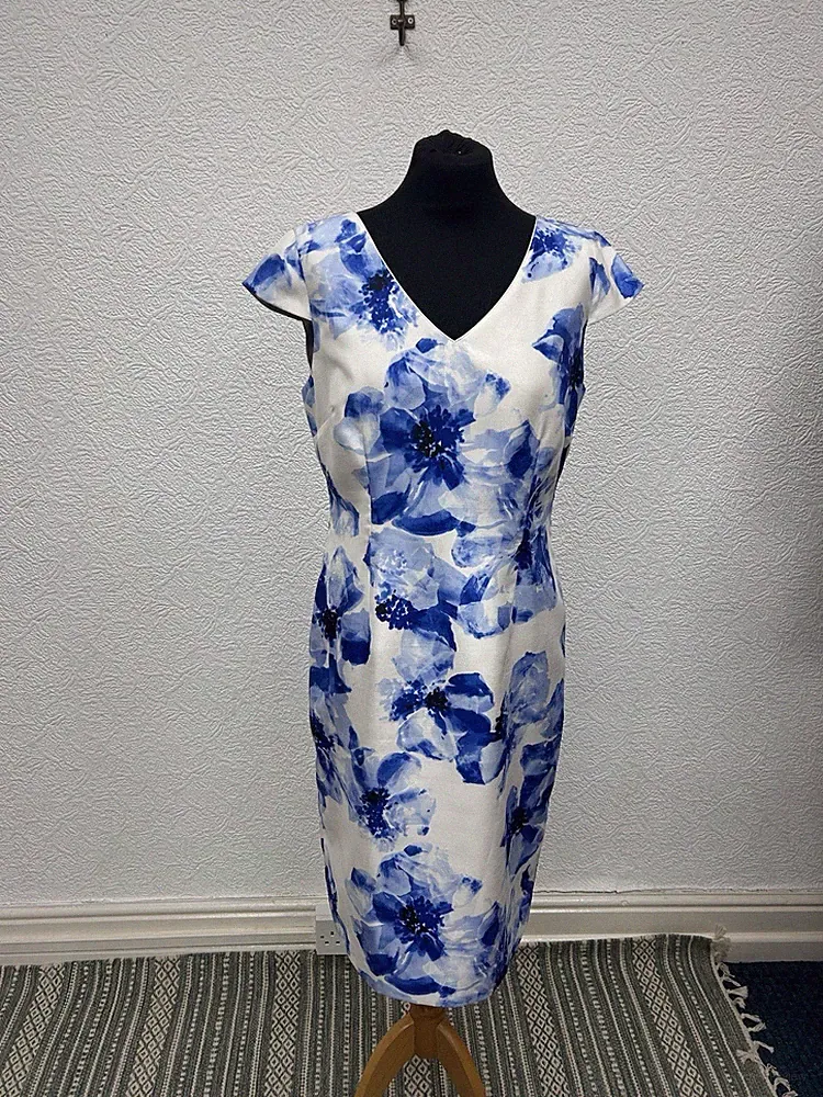 Jacques Vert Größe 12 Kleid Blumen Satin blau weiß Hochzeit Gast Anlass Midi
