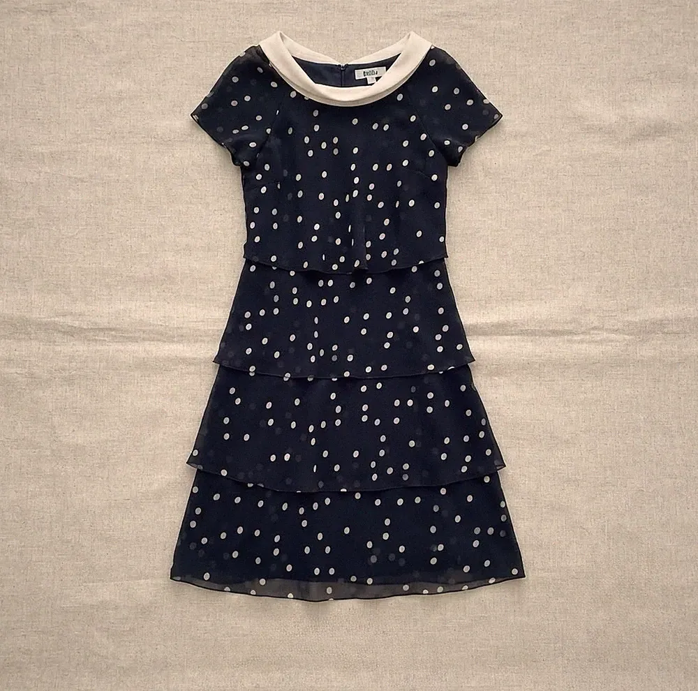 Jacques Vert Kleid 10 marine gepunktet Lagenlook Chiffon Midi Brautmutter
