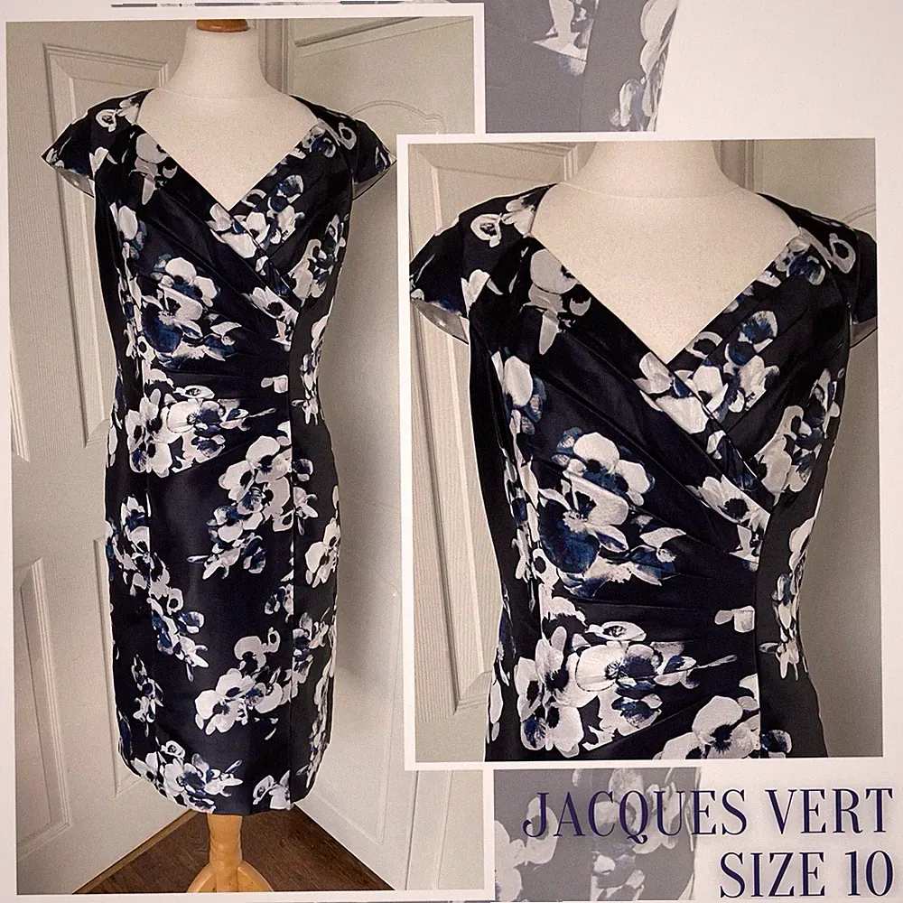 Jacques Vert Kleid Größe 10 dunkelblau grau Blumen Hochzeit Gast Anlass hübsch